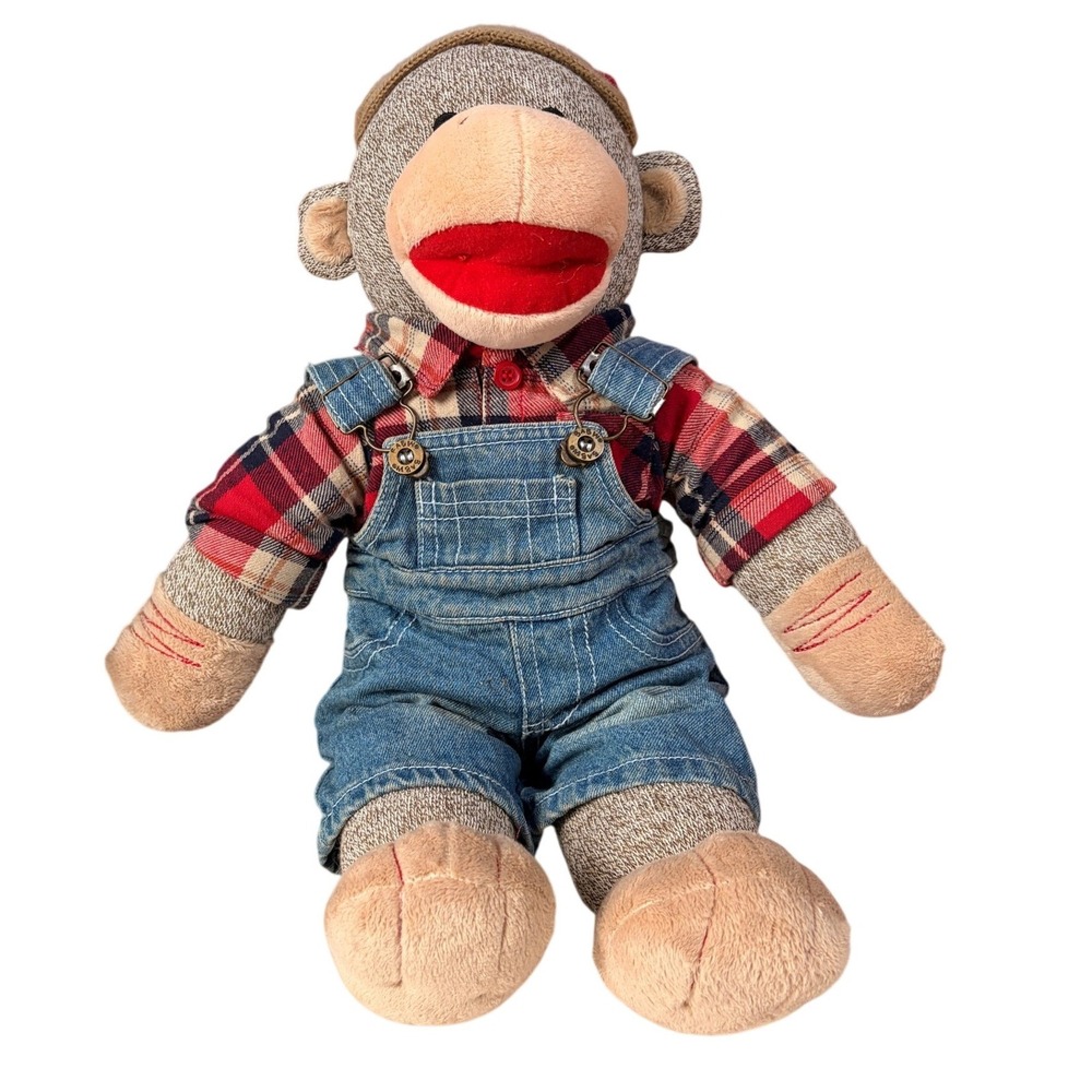 Build A Bear Workshop Sock Monkey Plush Plaid Shirt Denim Overalls Bear Boxers